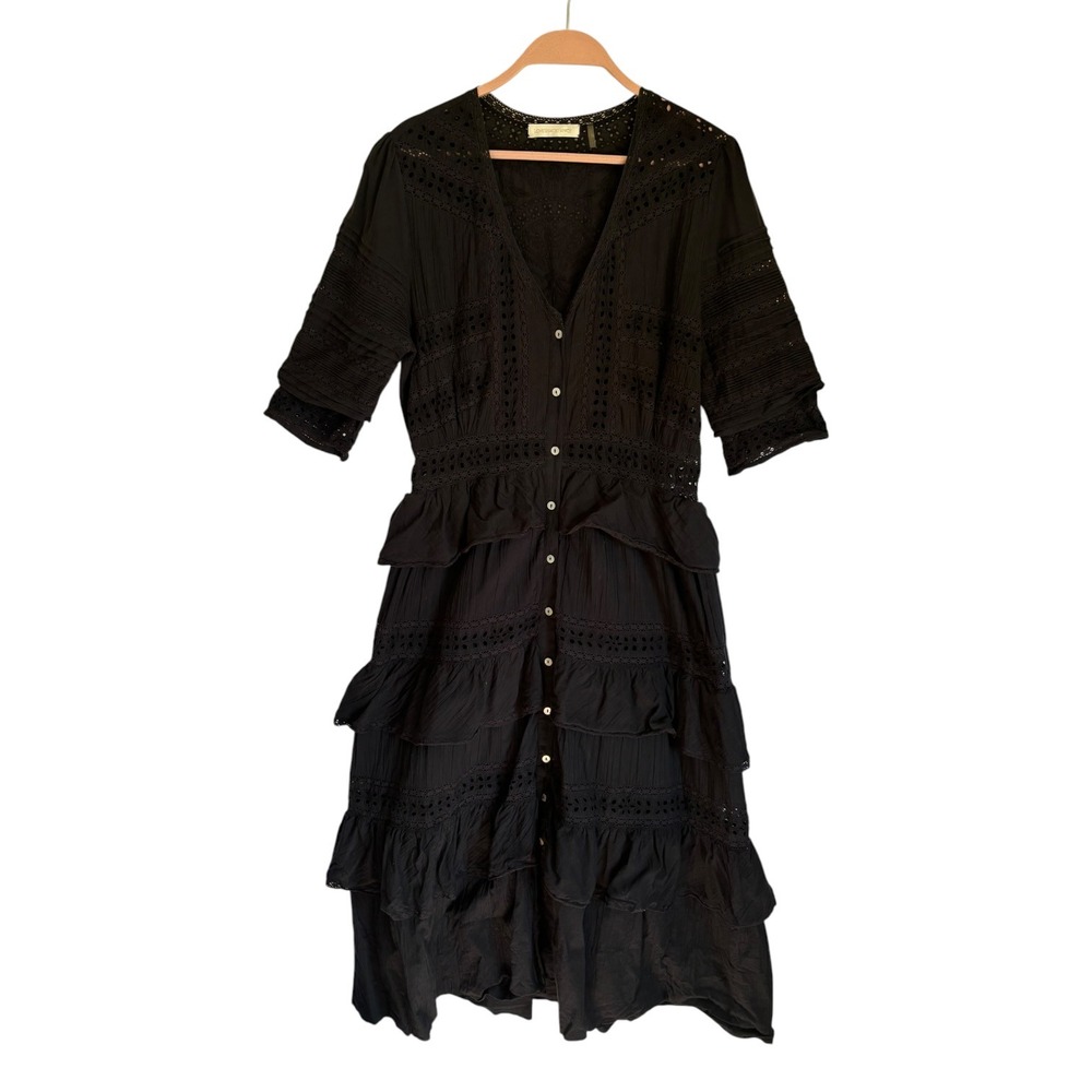 LoveShackFancy Edie Black Cotton Poplin Lace Button Front Midi Dress Tiered Sz M - Picture 2 of 7
